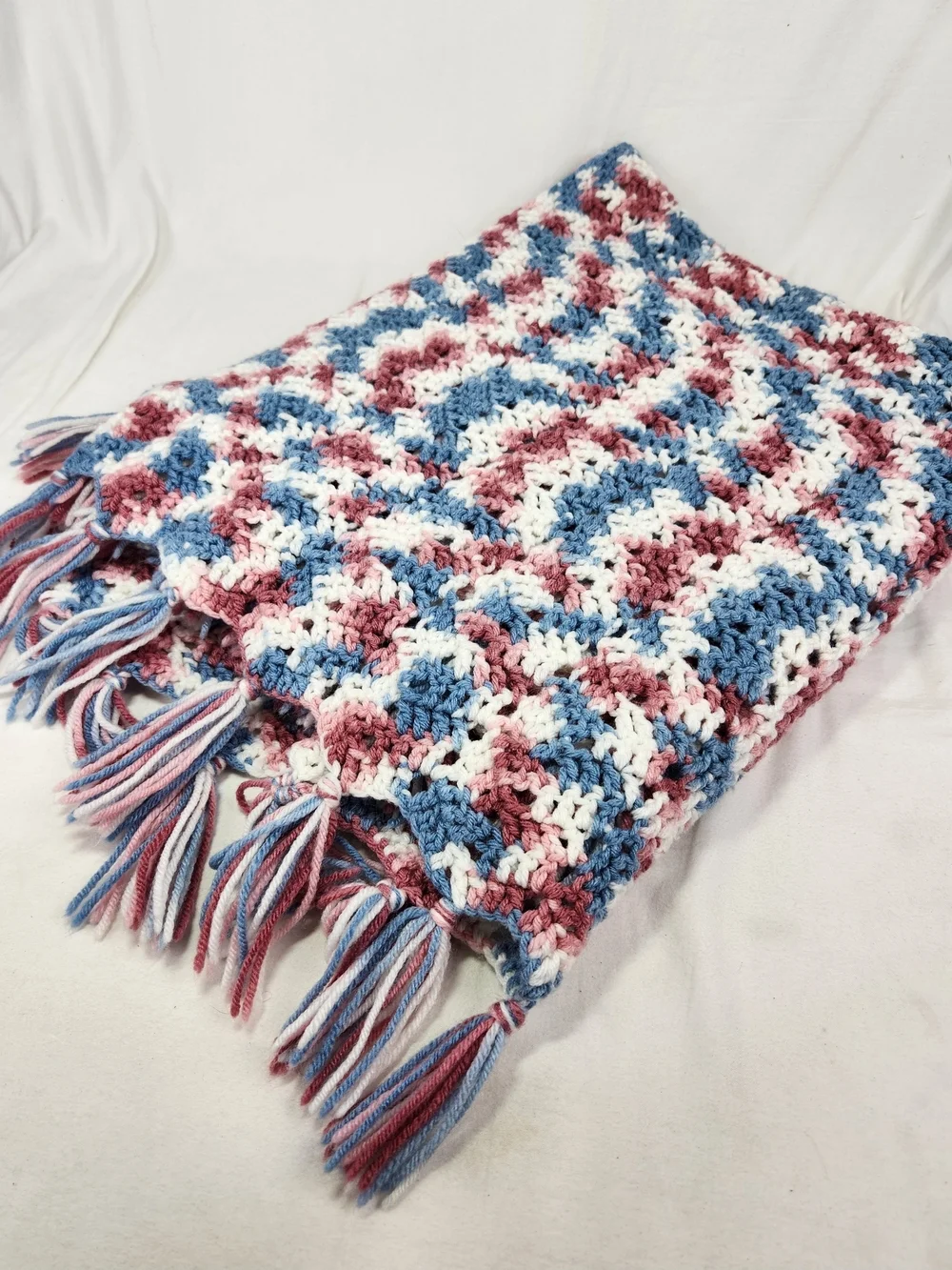 Handmade Crochet Throw Blanket Pink Blue White Fringe Granny 34x80  See Descript